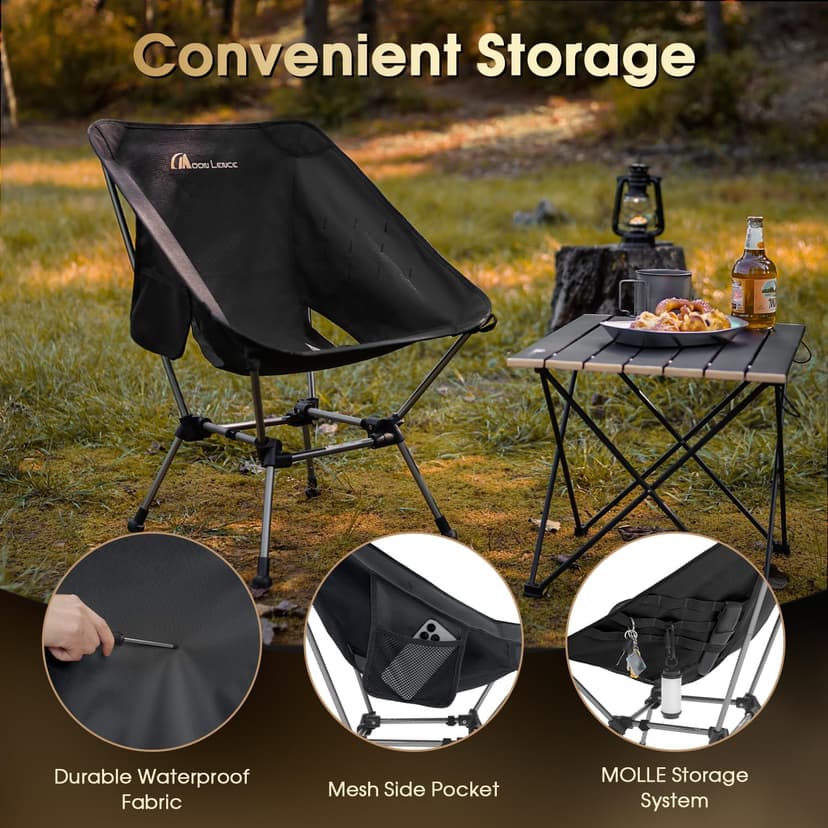 MOON LENCE Portable Camping Chair Plus, Larger & Roomier, Compact and Lightweight Still, Folding Chair for Backpacking & Hiking, 330Lbs Capacity (Black)