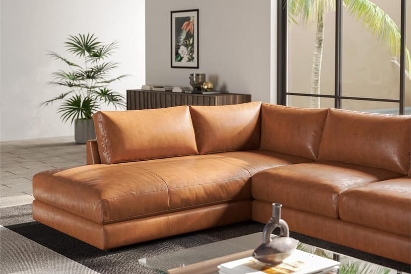 Valencia Serena 108" Full Leather Sectional Sofa with Left Bumper | Nappa 11000 Leather, Modern Low Profile Lounge Sofa | L Shaped Couch for Living Room Furniture,Cognac