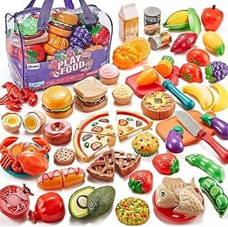 LAUGIGLE Pretend Play Food for Kids Kitchen, 78Pc Cutting Toy Food with Storage Bag