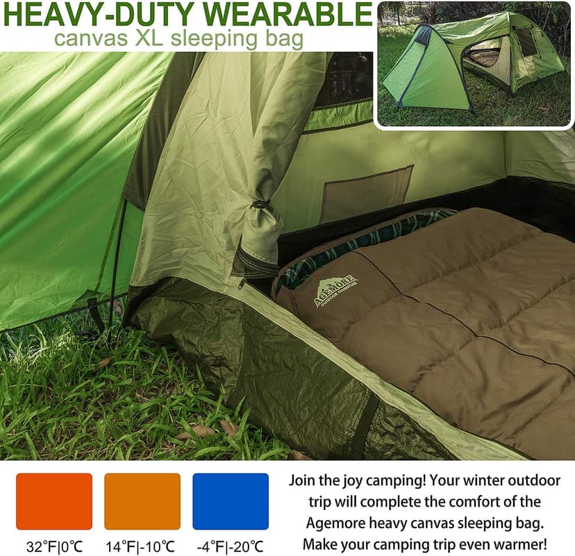 0 Degree Canvas Sleeping Bag for Adults, Cotton Flannel Sleeping Bag for Winter Camping, Fishing, Hunting or Traveling, Durable Cotton Canvas Shell and Removable Flannel Liner