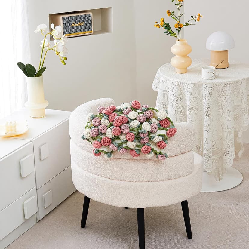 Crochet Flower Bouquet Throw Blanket, Handmade Knitted Blanket with Rose Flowers, Cute Romantic Gift for Her Girlfriend Mom Mother’s Day Valentine Wedding Anniversary Birthday, Pink and White B0FDK649NZ