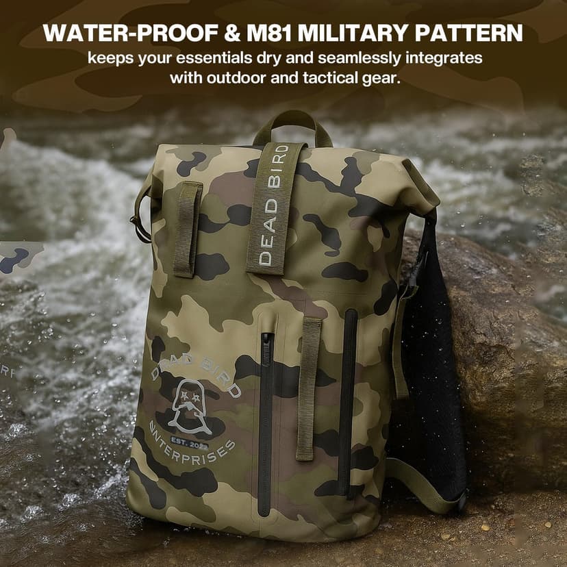 Dead Bird Enterprises Roll Top Waterproof Backpack, 25L Camouflage Pattern Dry Bag with MOLLE Loops and Adjustable Straps, WaterTight Duck Hunting Backpack for Camping, Hiking and Outdoor Travel