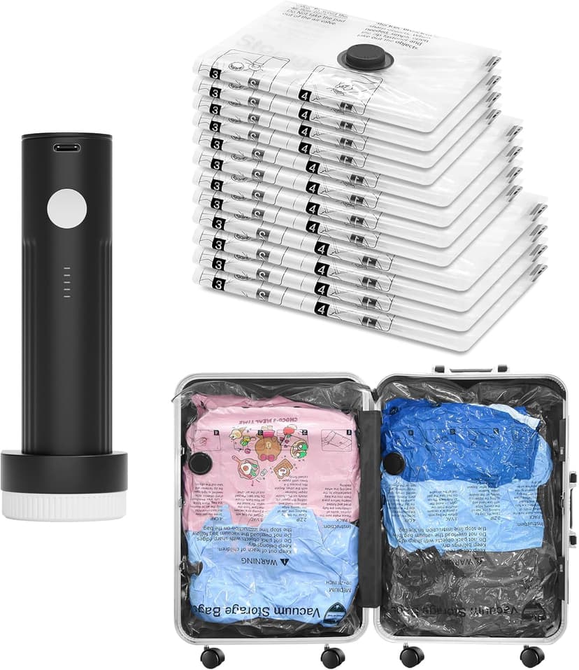 SUOCO Travel Vacuum Bags with Portable Electric Pump, 12 Combo (4L/4M/4S) Compression Packing Seal Cubes for Clothing Suitcase Luggage Organizer, Space Saver Clothes Storage Bags