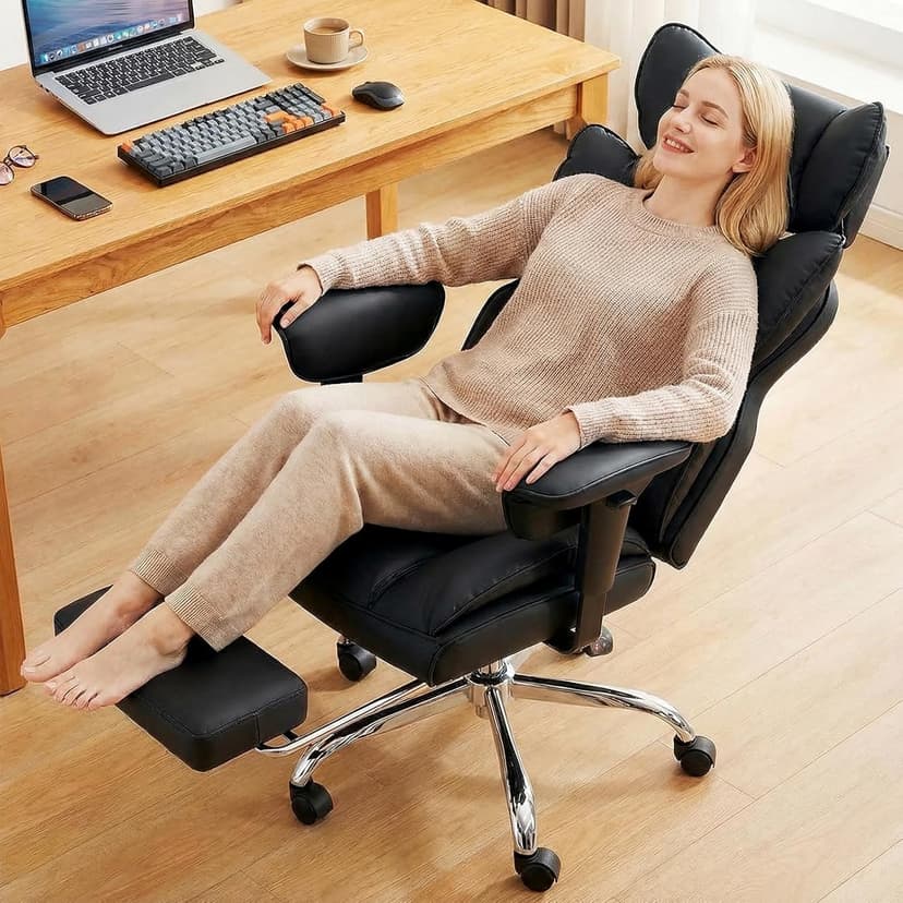 DUMOS Big and Tall Home Office Desk Chair, Gaming Computer Chair, Executive Ergonomic Chair with Footrest, High Back Reclining, Adjustable Armrests and Comfy Lumbar Support, PU Leather, Black