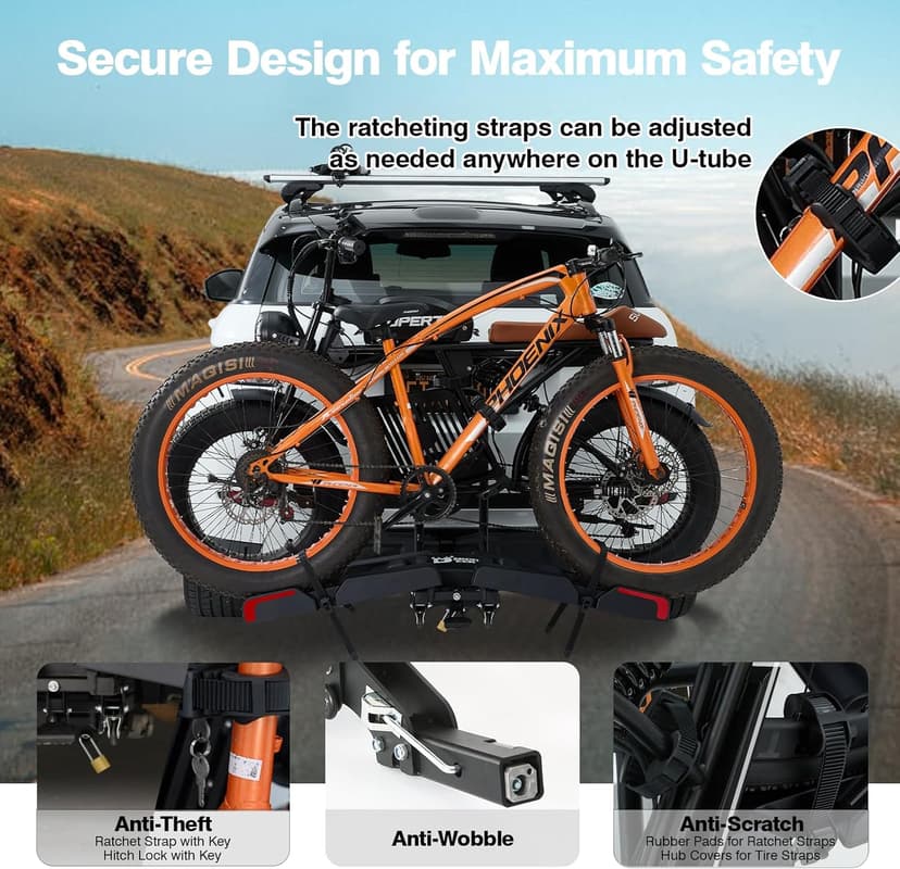 Ebike Rack with Ramp for 2 E-Bikes 200 lbs Capacity Fits 5" Fat Tire, Hitch Bike Rack for Cars SUVs Trucks with 2" Receiver, Foldable Tilting Locking No Assembly Needed E-Bike Platform Carrier