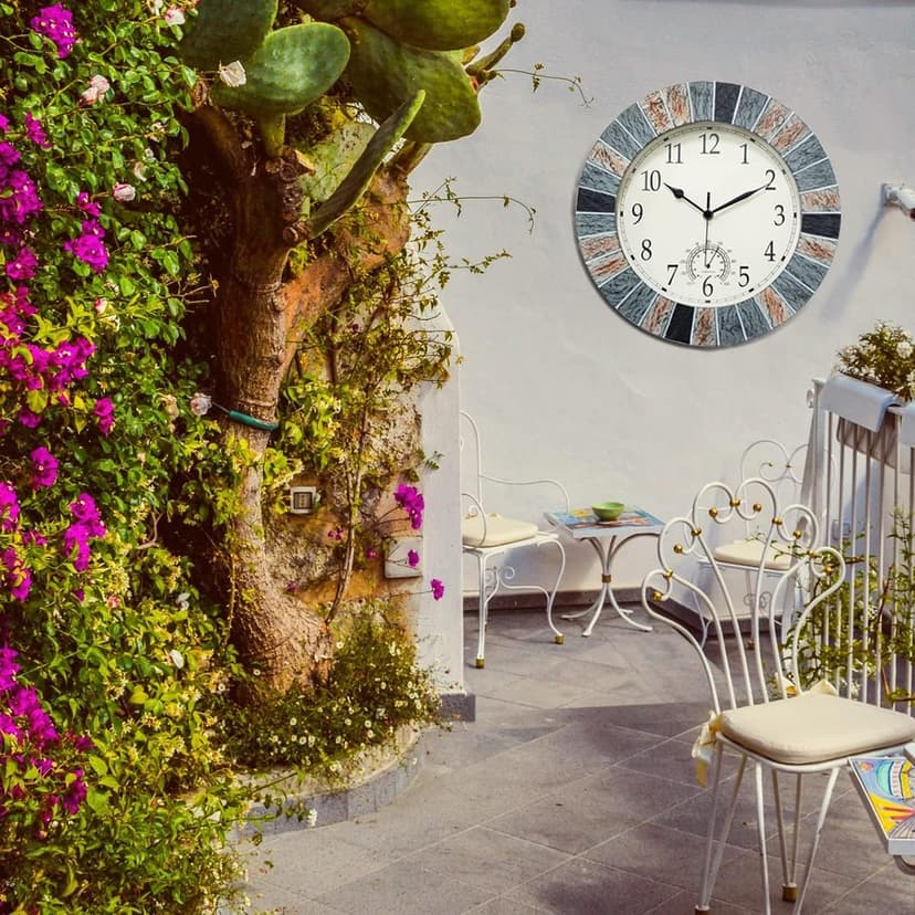 UMEXUS Outdoor Clock with Thermometer, 13 Inch Retro Large Waterproof Wall Clocks Indoor Silent Non-Ticking Battery Operated Weatherproof Decor for Garden Kitchen Bathroom Mother Gift