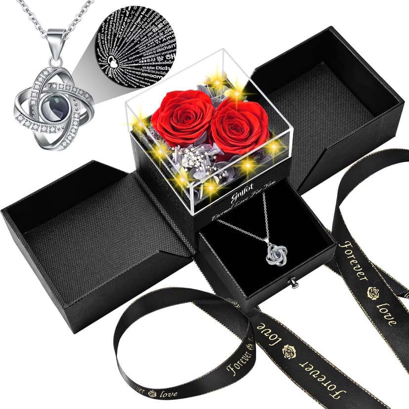 2 Preserved Rose Gift for Women - Eternal Rose with I Love You Necklace - Romantic Birthday Gifts for Girlfriend Mom Her Wife Grandma on Valentines Mothers Day Anniversary Christmas-Red