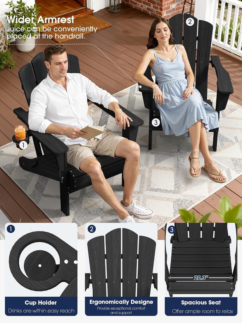KINGYES Folding Adirondack Chair Set of 6, HDPE All-Weather Patio Chairs, Wooden Textured Lawn Chair for Poolside, Backyard, Deck, Fire Pit, Black