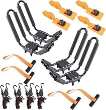 Kayak Roof Rack 2 Pairs Heavy Duty J-Bar Carrier Holder for Canoe, SUV, Cars, Truck, Surf Ski, Tie-Mount on Car Roof Top Crossbar for Trip - Includes 8 Pcs Ratchet, Set of 4
