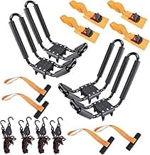 Kayak Roof Rack 2 Pairs Heavy Duty J-Bar Carrier Holder for Canoe, SUV, Cars, Truck, Surf Ski, Tie-Mount on Car Roof Top Crossbar for Trip - Includes 8 Pcs Ratchet, Set of 4