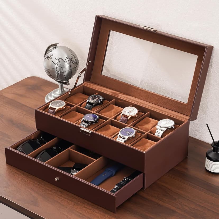 ProCase ProCase Watch Box, 12 Slot Mens Watch Case With Drawer, 2-Layer Watch Display Case With Glass Lid, Mens Jewelry Box Storage Holder Organizer, Birthday Valentine Gifts for Men -12Slot, Espresso