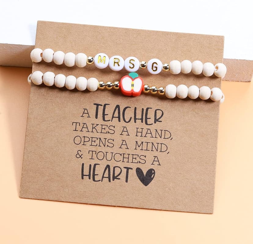 Personalized Teacher Bracelet for Women, 2 Pcs Initial Mrs Miss Ms Teacher Appreciation Gifts With Card From Student Friends, Thank You TEACH Gift for Women
