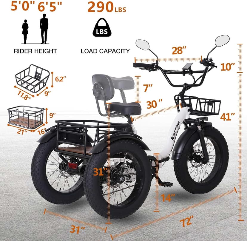 Electric Tricycle for Adults,Fat Tire Folding Electric Trike,3 Wheels Electric Bicycle Bikes, Peak 1350W Step-Thru Etrike with Removable Battery and Large Basket for Women Men