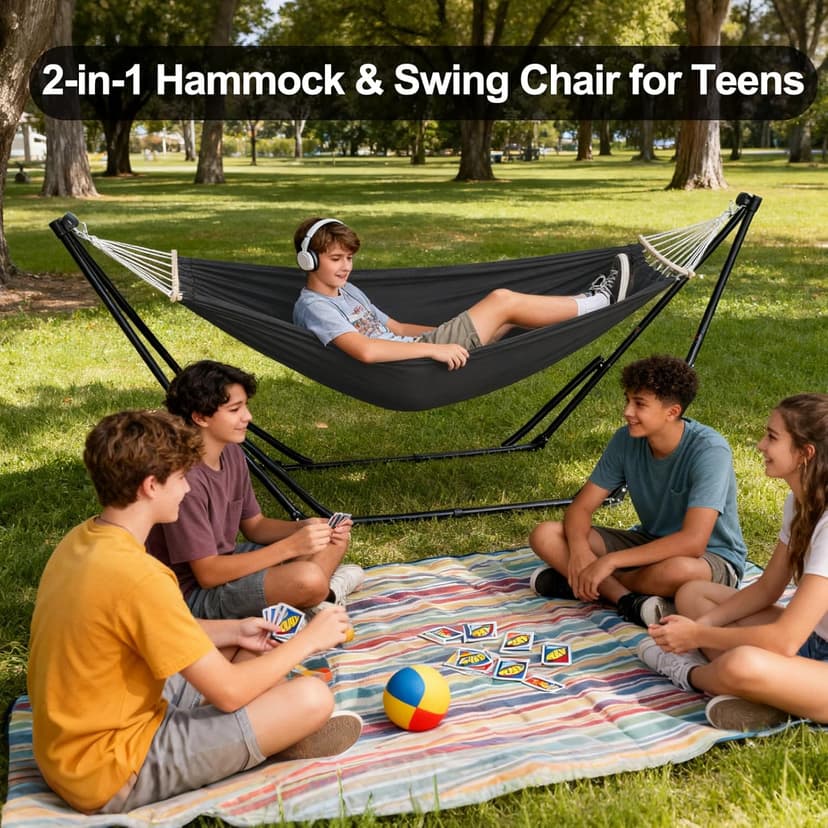 2-in-1 Hammock & Swing Chair for Teens – Adjustable Folding Chair with Collapsible Steel Stand, Portable for Camping, Travel, Patio & Indoor Use, Includes Carrying Case, Supports 440 LBS