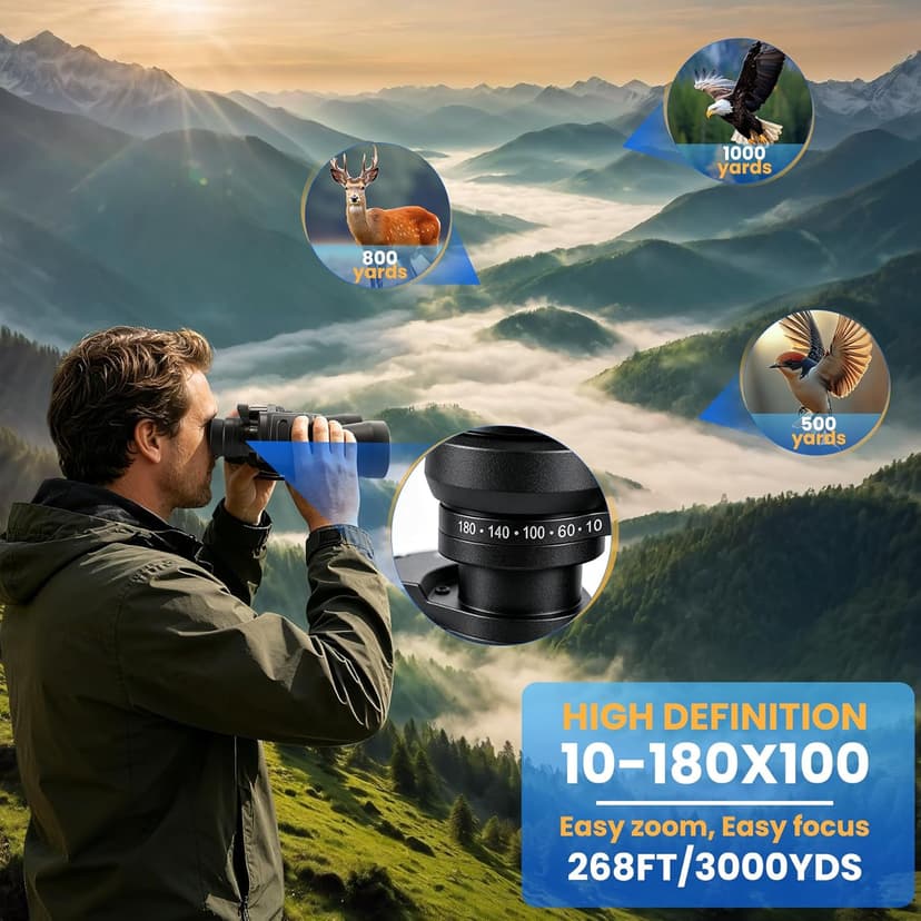 10-180x100 Zoom Binoculars for Adults, Day/Low Light Night Vision High Powered Binoculars with BAK4 & FMC Lens, Waterproof Fogproof for Hunting Birdwatching Travel Sports Concerts Gift for Men