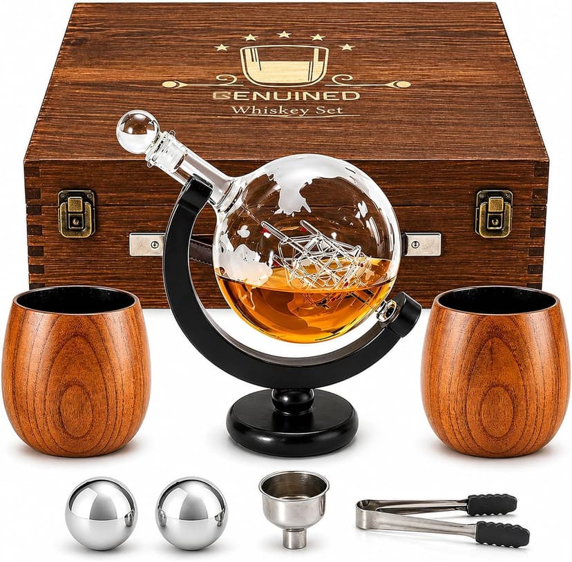 Whiskey Bottle, Liquor Decanter, With 11oz Smoke Bourbon Glass(2), Whiskey Gifts for Men, Dad, or Husband, Wooden Gifts Box GENUINED 30oz Globe Whiskey Decanter Set w/2 Charred Wooden Whiskey Glasses B0GV26PYCT