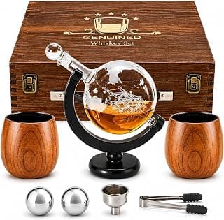 Whiskey Bottle, Liquor Decanter, With 11oz Smoke Bourbon Glass(2), Whiskey Gifts for Men, Dad, or Husband, Wooden Gifts Box GENUINED 30oz Globe Whiskey Decanter Set w/2 Charred Wooden Whiskey Glasses B0GV26PYCT