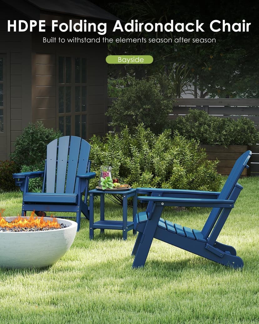 GREENVINES Folding-Adirondack-Chairs-Set-of-2 | HDPE Plastic | Fire Pit Chair | All Weather | Cup Holder | Blue | for Deck Backyard Patio Outdoor Garden