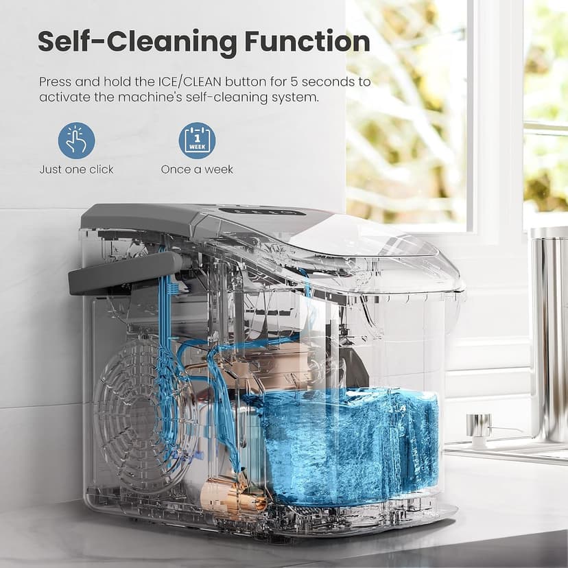 Portable Countertop Ice Maker Machine with Handle, 9 Bullet-Shaped Ice Cubes Ready in 6 Mins, 26Lbs/24H, Self-Cleaning Function with Ice Scoop and Basket for Home/Kitchen/Party (Grey)