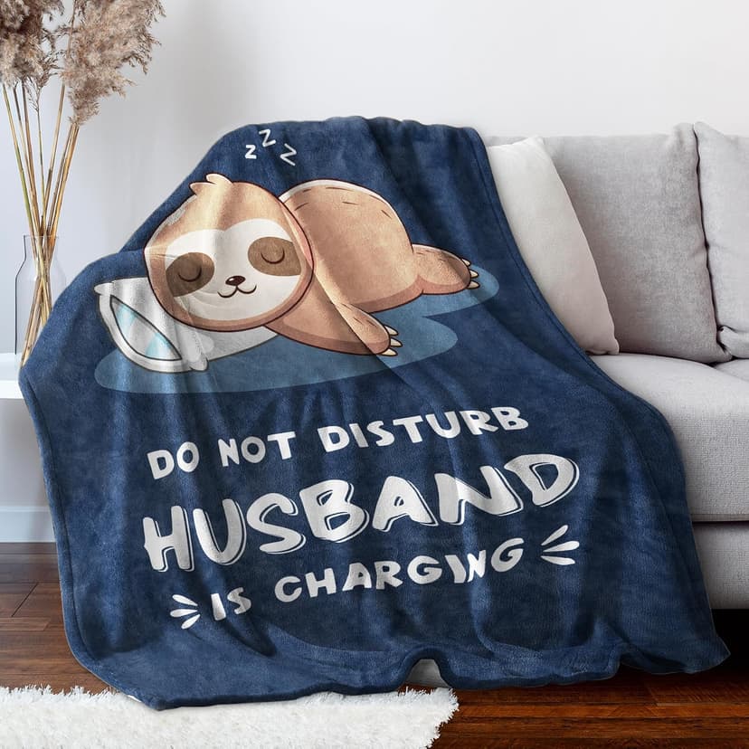 Husband Birthday Gift, Anniversary Christmas Fathers Day Wedding Gifts for Husband from Wife Funny Gifts for Husband, Husband is Charging Sloth Blanket, 60" x 50" B0DNMGNFVF