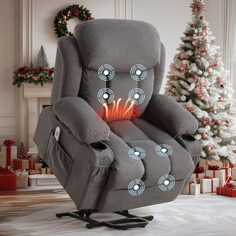 BOSMILLER Power Lift Recliner Chair with Massage and Heat for Elderly, Electric Recliner Single Sofa with Two Cup Holders, Extended Footrest, Side Pocket and USB Charge Port for Living Room