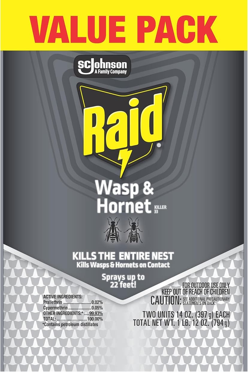 Raid Wasp & Hornet Killer Spray, Kills the Entire Nest, For Paper Wasps, Yellow Jackets, Mud Daubers and more, 14 oz (Pack of 2)