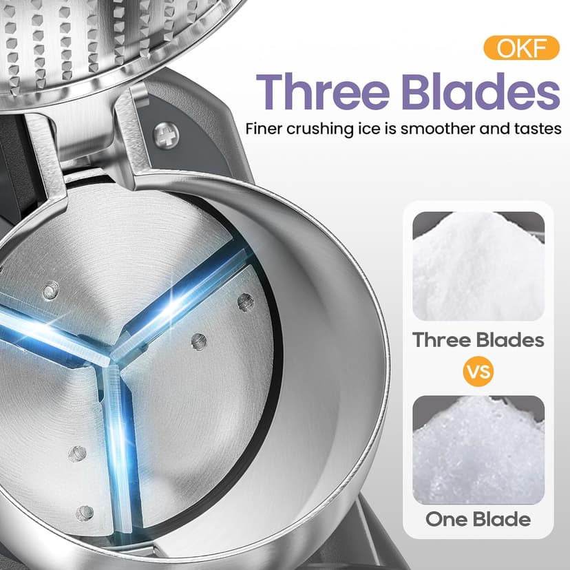 OKF Ice Shaver Prevent Splash Snow Cone Machine, Electric 3 Blades Shaved Ice Machine, 380W Ice Shaver Machine, 286lbs/hr Ice Crushers for Home Use, Ice Crusher with Free Ice Pick (Silver)