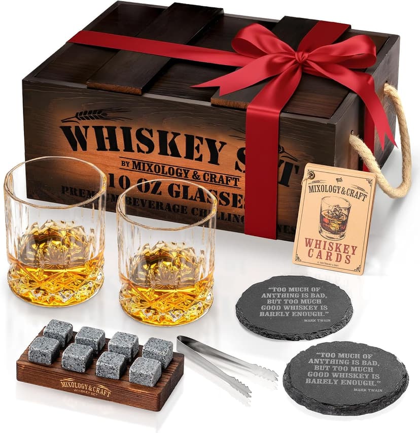 Mixology & Craft Whiskey Gift Set, Whiskey Glass Set with Rustic Wooden Crate, 8 Granite Whiskey Rocks Chilling Stones, 10oz Crystal Glasses | Great Holiday, Secret Santa or White Elephant Gift B08F7NRWQX
