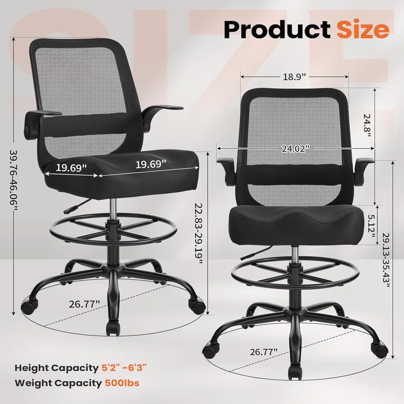 Drafting Chair for Standing Desks, 500LBS Capacity Tall Office Chair with Adjustable Height, Foot Ring, Flip-Up Armrests, Thick Curved Seat for Home Office, Drawing, and Creative Work