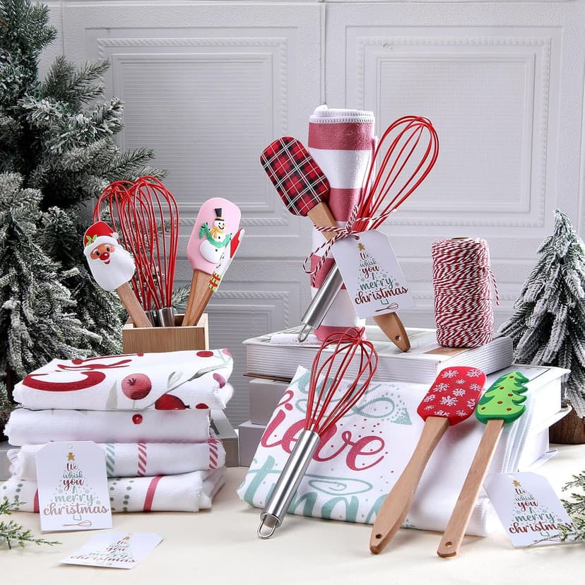 Mimorou 6 Sets Christmas Whisks Kitchen Gifts Stainless Steel Whisks Silicone Spatulas Towels Greeting Cards Rope for Neighbor Employee Baking Gift Xmas Cooking Supplies