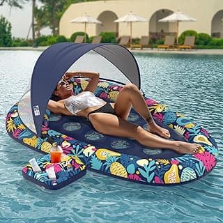 Sunikko X 3-in-1 Pool Floats with Canopy Cup Holder, Tanning Pool Large 73" x 48" Float Adult Heavy Duty, Inflatable Lounger Raft Floating Chair with Backrest, Swimming Pool Lake Beach Party