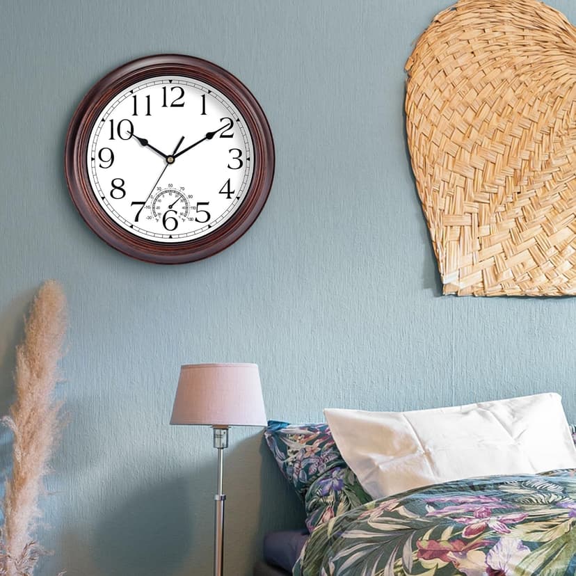 KECYET 8.5 Inch Outdoor Wall Clock with Thermometers, Vintage Silent Wall Clocks Battery Operated, Retro Non-Ticking Clock Decorative for Living Room, Patio, Kitchen, Office, Bathroom, Bedroom(Bronze)