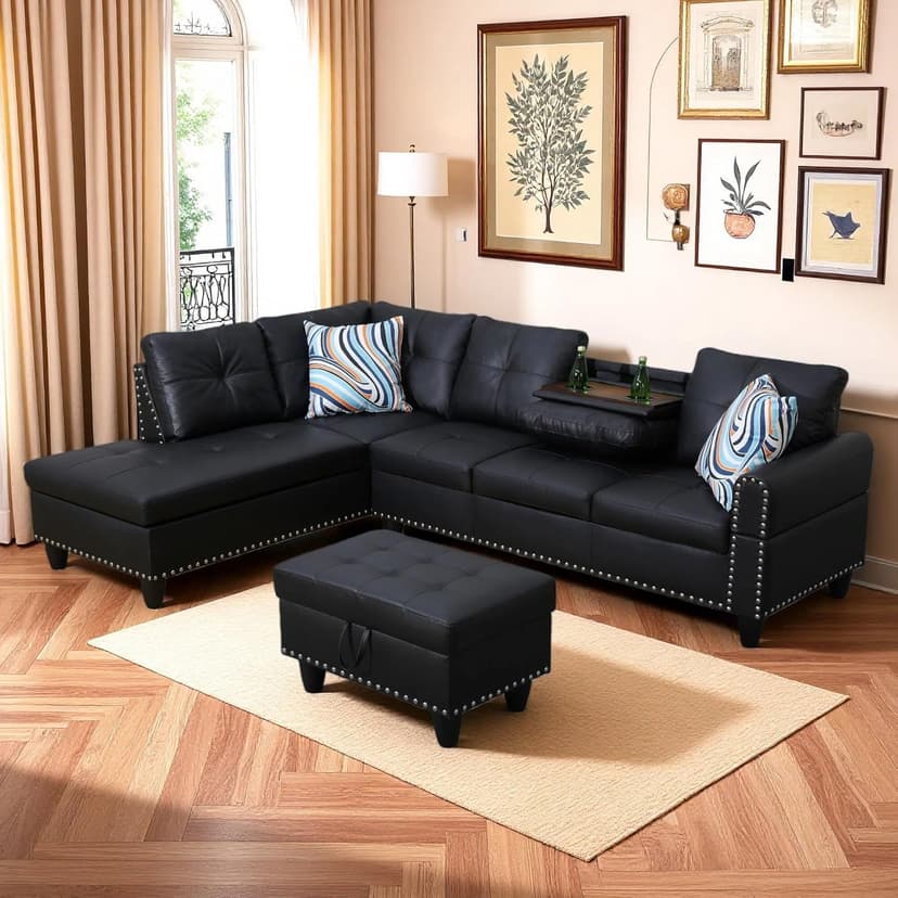 Trygoal Leather 3-Piece L-Shaped Couches for Living Room, Sectional Sofa with Storage Ottoman & Movable Chaise, Modular Convertible Couch for Bedroom & Apartment, Deep Black