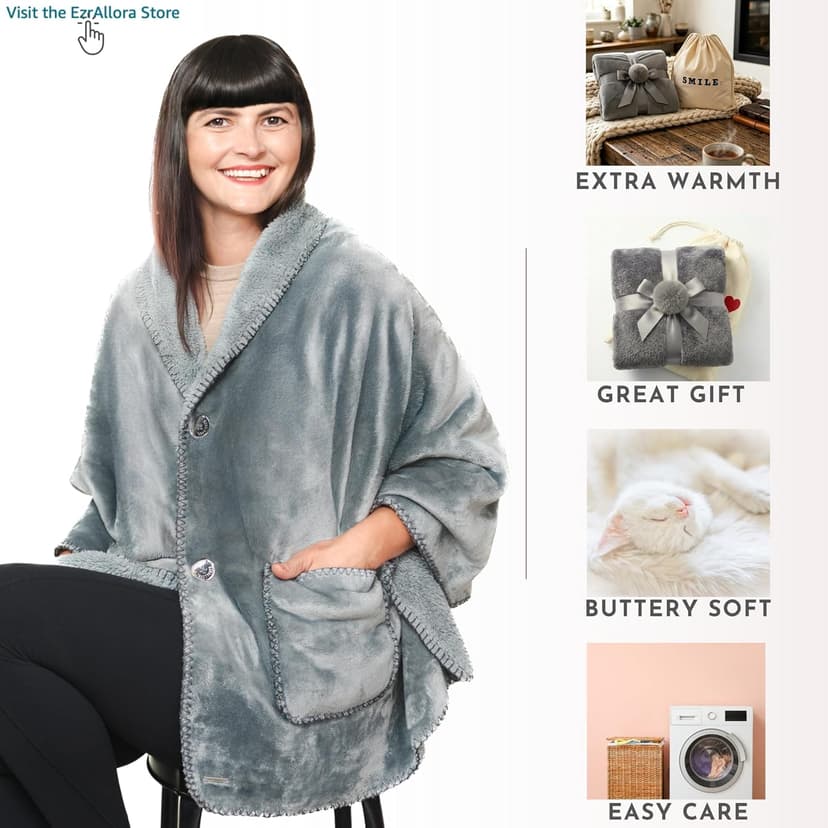 Premium Double Layer Poncho Blanket -No Sleeves Easy On Easy Off- Drape and Go Shawl Gift for Women Who Have Everything - Gifts for Grandma and Mom (Silver Grey)