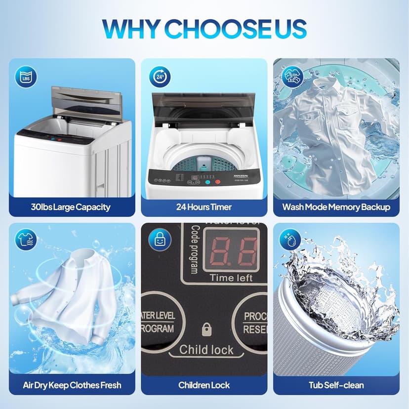 ROVSUN 30LBS Washing Machine, Full-Automatic Portable Washer with Stainless Steel Drum, Electric Laundry Machine, Washer and Spin Dryer Combo with Drain Pump for Home, Apartment