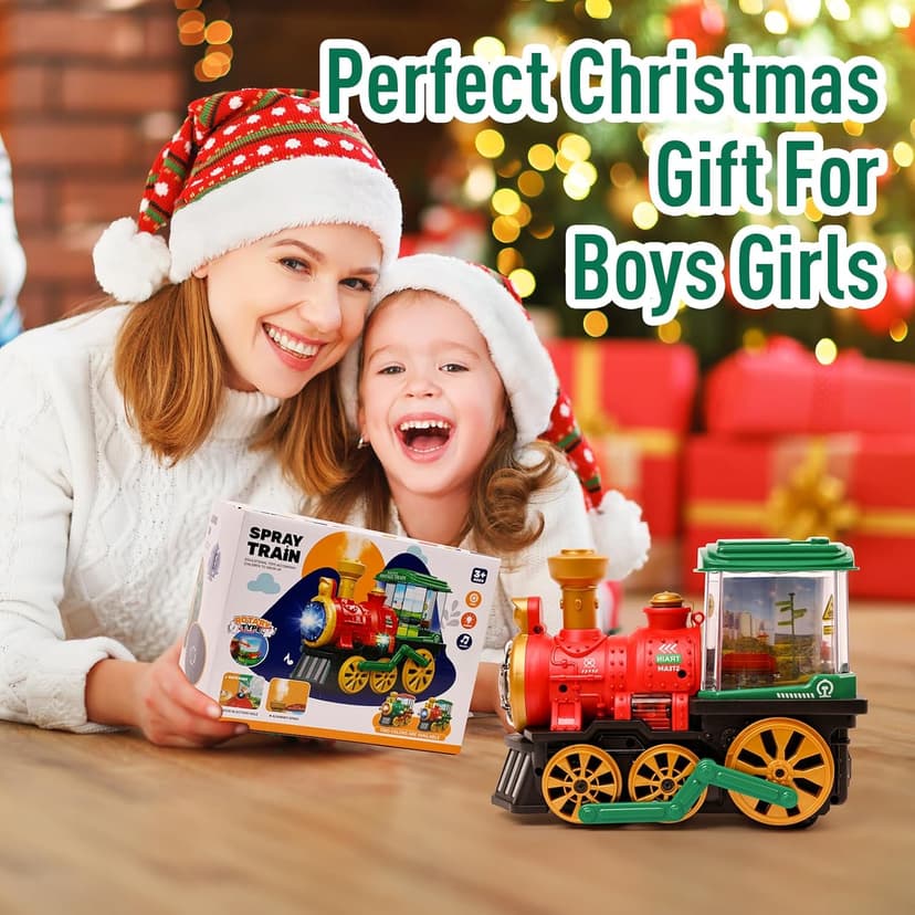 Electric Steam Train Toy for Toddlers 3-5,Bump and Go Truck w/Steam Locomotive,Smoke,Light & Sound, 360 Rotation Christmas Train Truck Toys Birthday Gift for Toddler 1 3 4 5 6 Year Old Boys Girls Kids