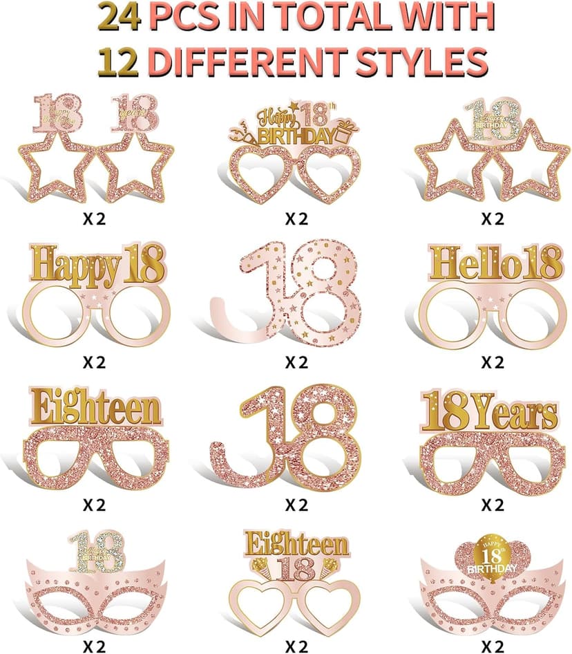 24PCS 18th Birthday Eyeglasses Decorations for Girls, Pink Rose Gold Happy 18th Birthday Paper Eyeglasses Party Supplies, Eighteen Year Old Bday Glasses Decor