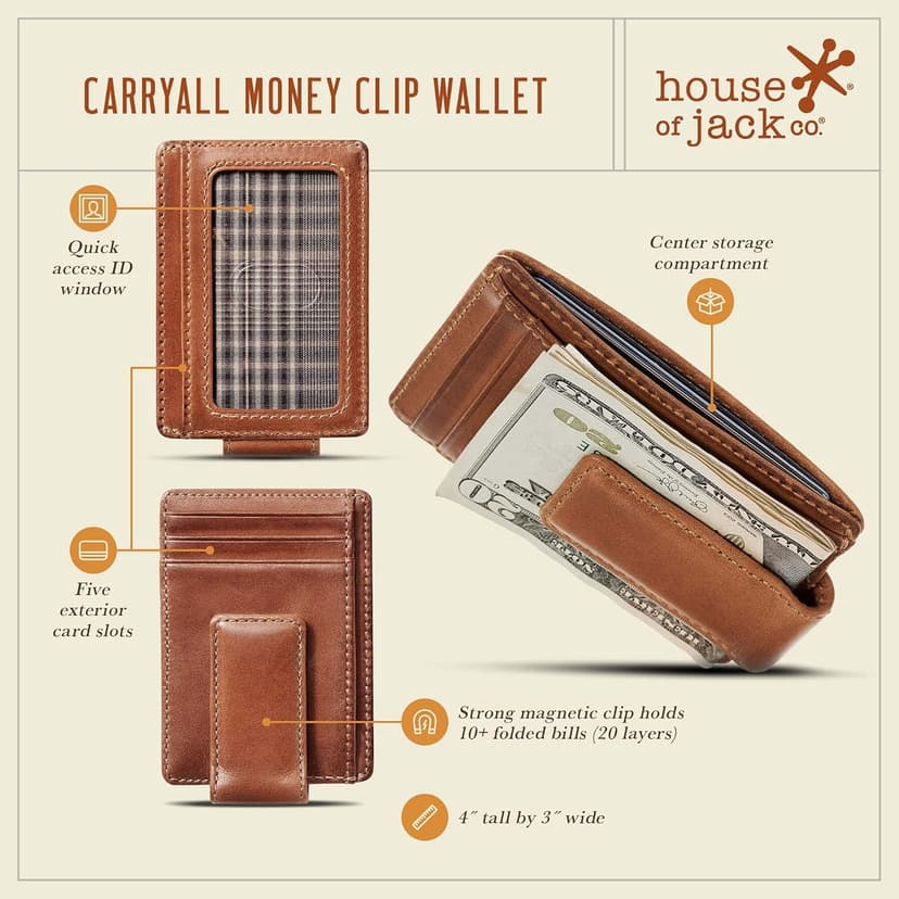 House of Jack Co. Carryall Slim Money Clip Wallet for Men, Strong Magnetic Clip, Front Pocket Wallet Card Holder With Gift Box, Full Grain Cowhide Leather,Tan