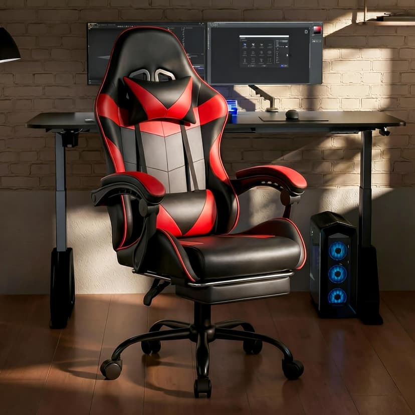 Gaming Chair, Ergonomic Computer Chair with Footrest and Lumbar Support, Height Adjustable Office Chair with 360° Swivel Seat and Headrest (Red & Black)