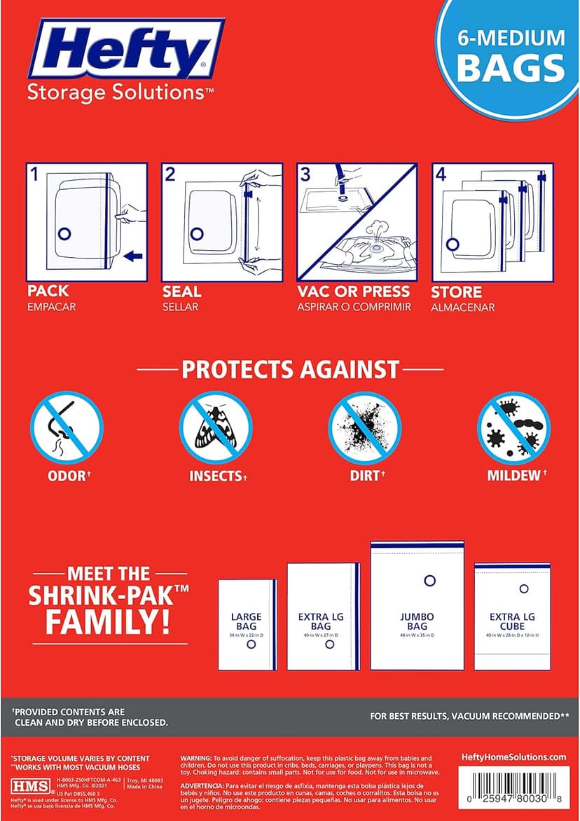 Hefty Shrink-Pak Vacuum Storage Bags - Space Saver for Under Bed Storage, Clothing and Comforters, 3X More Storage Space, 6 Medium Zipper Bags