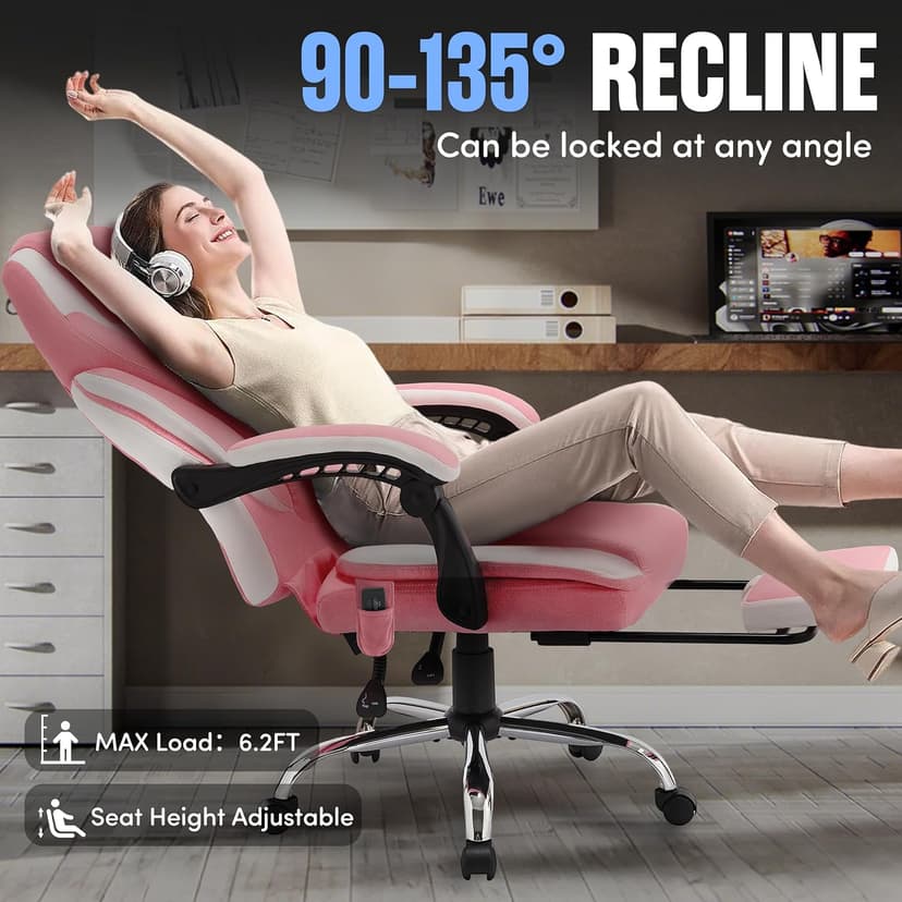 Massage Office Chair with Foot Rest,6-Point Vibration & Heat Executive Office Chairs,Ergonomic Computer Chair for Heavy People,Big and Tall Fabric Office Chair,Recliner with Padded Armrest,Pinkwhite