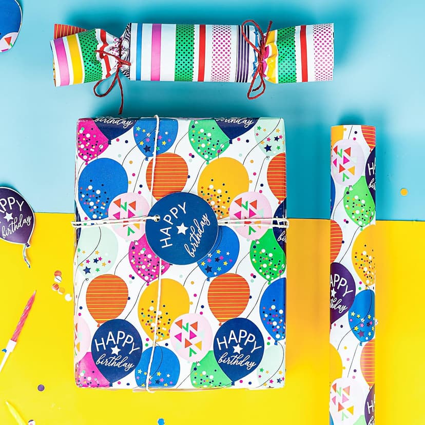 WRAPAHOLIC Reversible Birthday Wrapping Paper - Mini Roll - 17 Inch X 33 Feet - Colorful Balloon with Confetti Design for Birthday, Holiday, Party, Baby Shower B0BJ6V38SZ