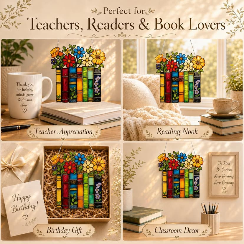 Book Lovers Gifts for Women, Book Ornament Faux Stained Glass Window Hanging, Bookish Gifts for Teacher, Librarian, Reader, Bookworm, Christmas Stocking Stuffer Tree Decorations (Floral Shelf)