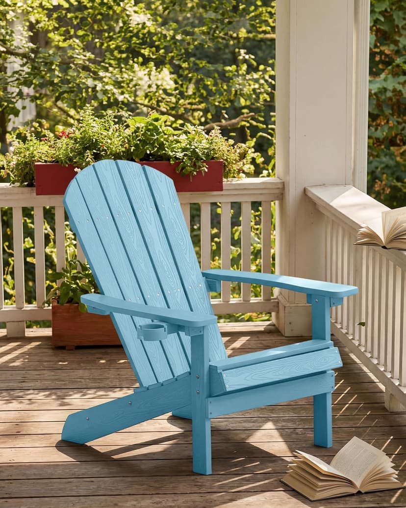 YEFU Adirondack Chair Weather Resistant: Outdoor Chair HIPS Plastic Adirondack Chairs - Patio Chairs with Cup Holder & Wood Texture - Lawn Fire Pit Deck Porch Garden Chairs for Adults (Blue)
