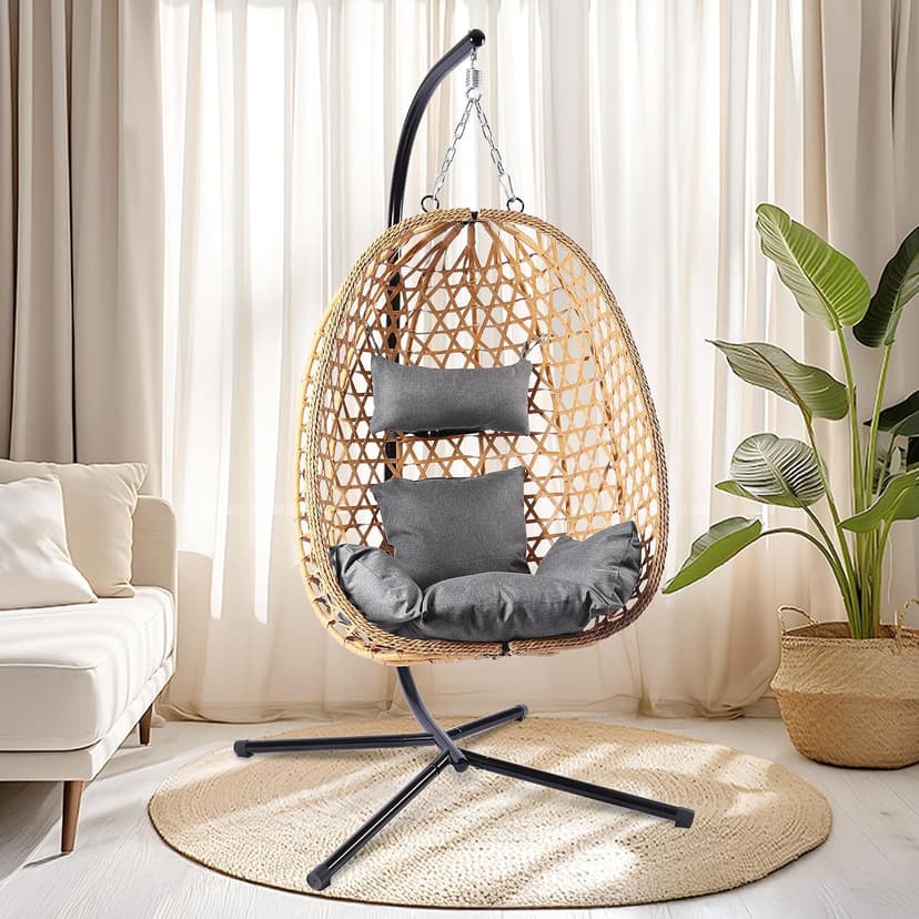 LEX CRAFT Egg Chair with Stand, Patio Wicker Hanging Chair, Hammock Swing Chair, 350LBS Capacity for Bedroom, Balcony, Garden (YE-GR)