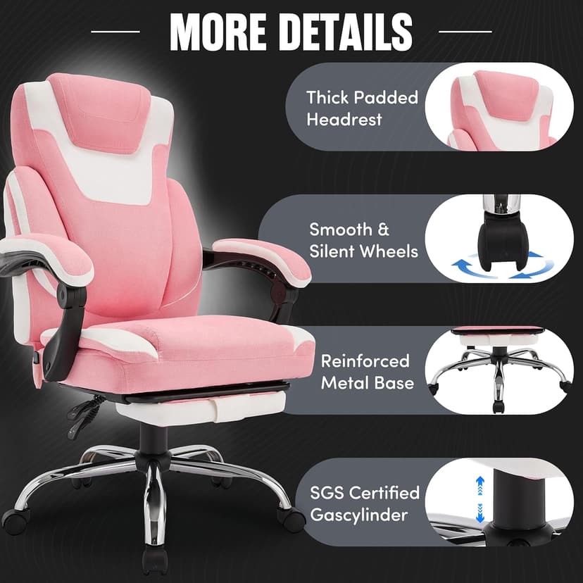 Massage Office Chair with Foot Rest,6-Point Vibration & Heat Executive Office Chairs,Ergonomic Computer Chair for Heavy People,Big and Tall Fabric Office Chair,Recliner with Padded Armrest,Pinkwhite