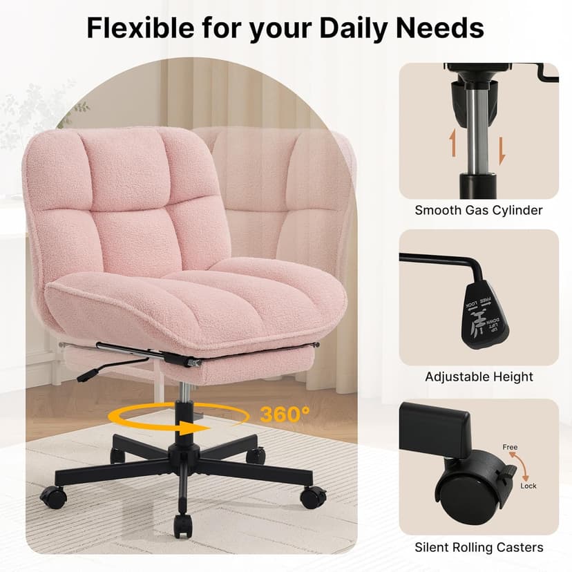 Criss Cross Office Chair with Foot Rest, Thick Cushioned Cross Legged Office Chair, Armless Wide Seat Reclining Desk Chair, Height Adjustable Criss Cross Chair for Home Office,Vanity, Pink