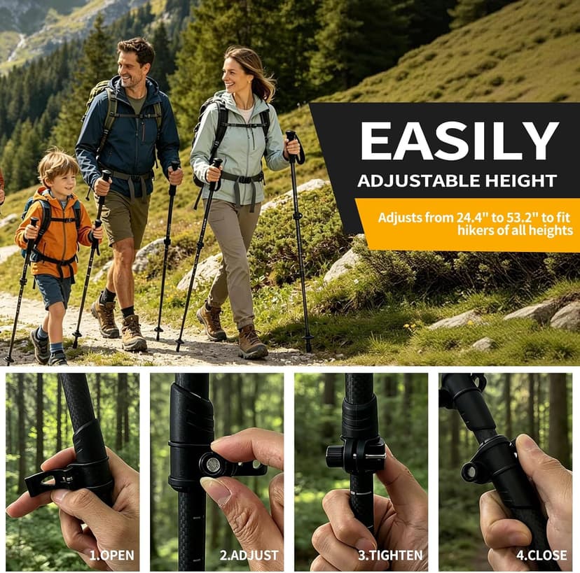 3K Carbon Fiber Trekking Poles - Collapsible, Lightweight Yet Sturdy Hiking Poles with EVA Grip, for Men & Women Hikers