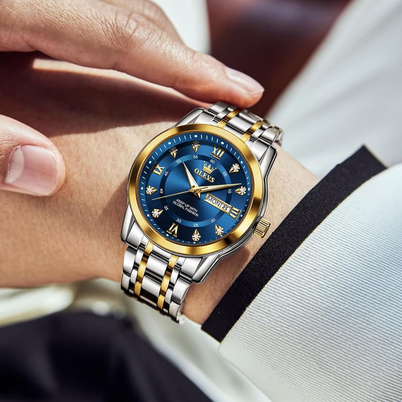 OLEVS Men's Stainless Steel Watch, Large Face Roman Numerals Diamond Accented Three-Hand Analog Quartz Watches for Men, Easy to Read Day Date Waterproof Luminous Mens Wristwatch