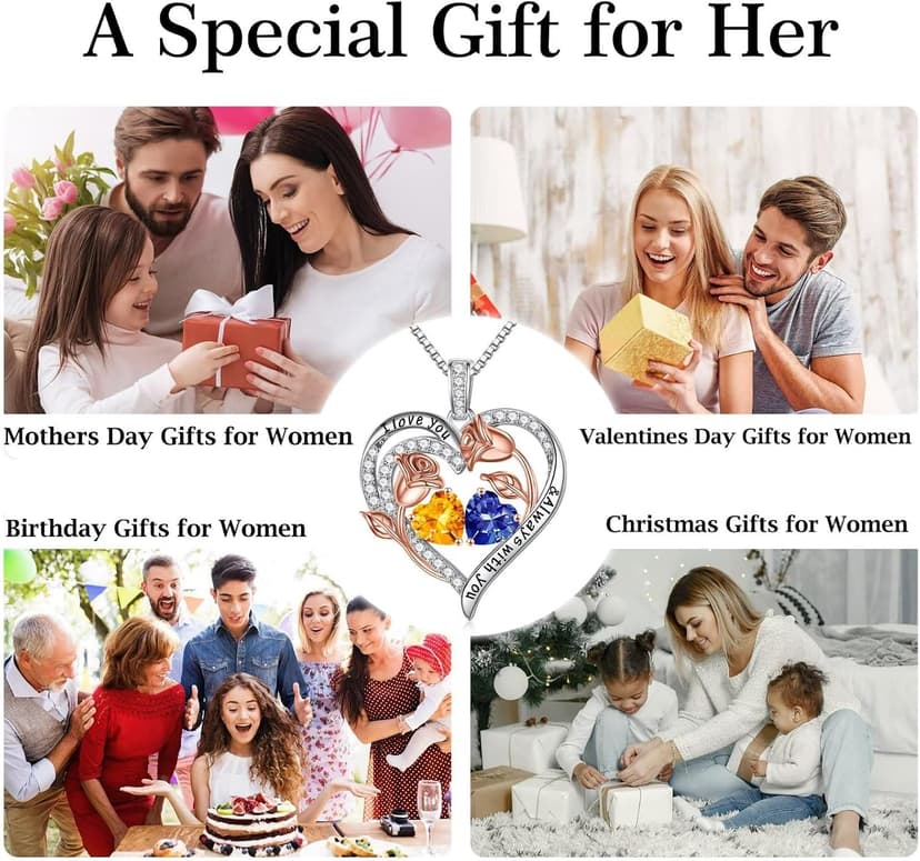 925 Sterling Silver, Gift Box Packaging, Anniversary Birthday Gifts for Wife Mom Daughter Iefil Birthstone Necklace for Women - Rose Heart Necklace B0CJV8W2XC